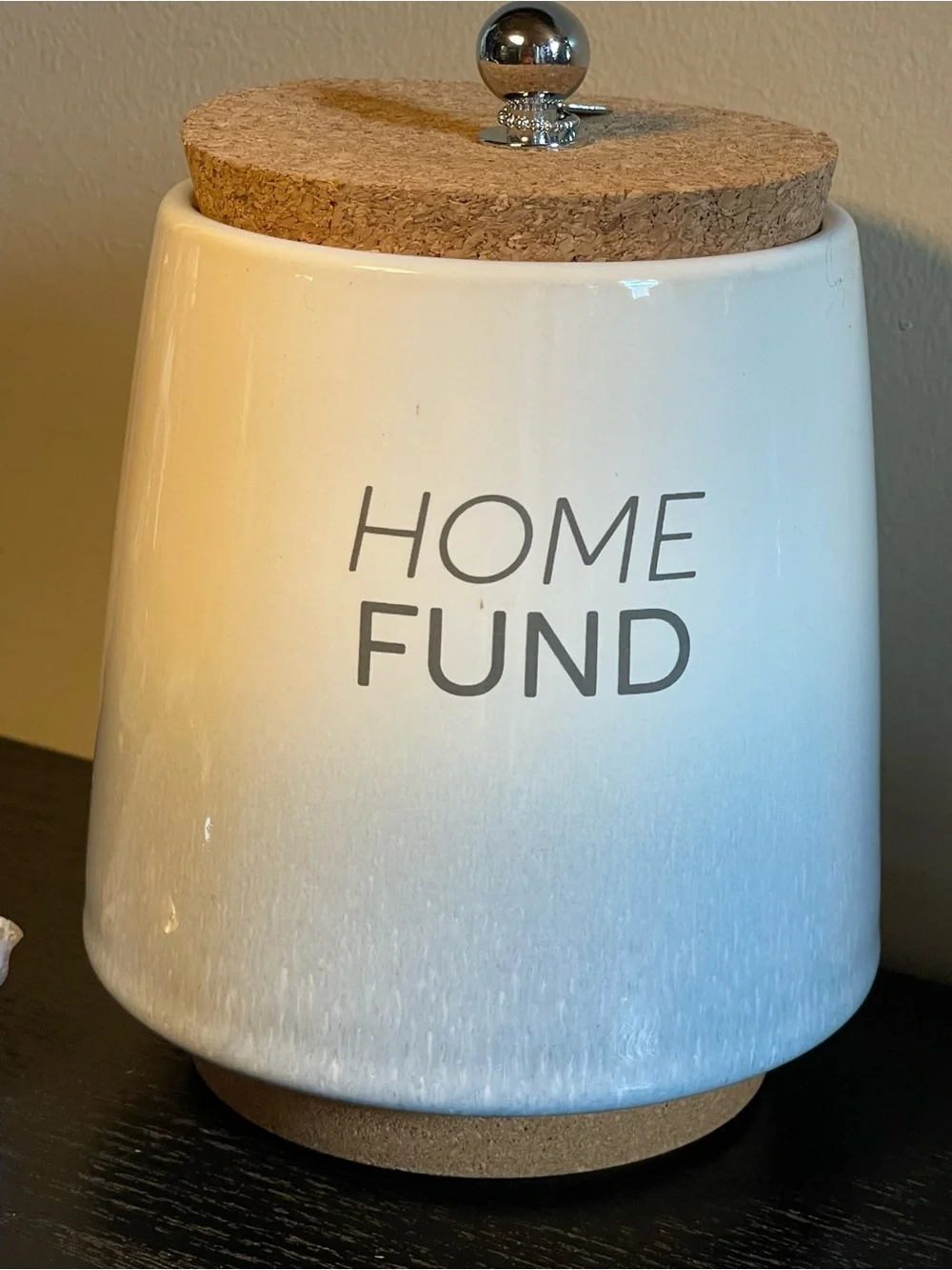 Home Fund Ceramic Money Jar - Blue & Cream Color Ombre - Cork Lid - Like New